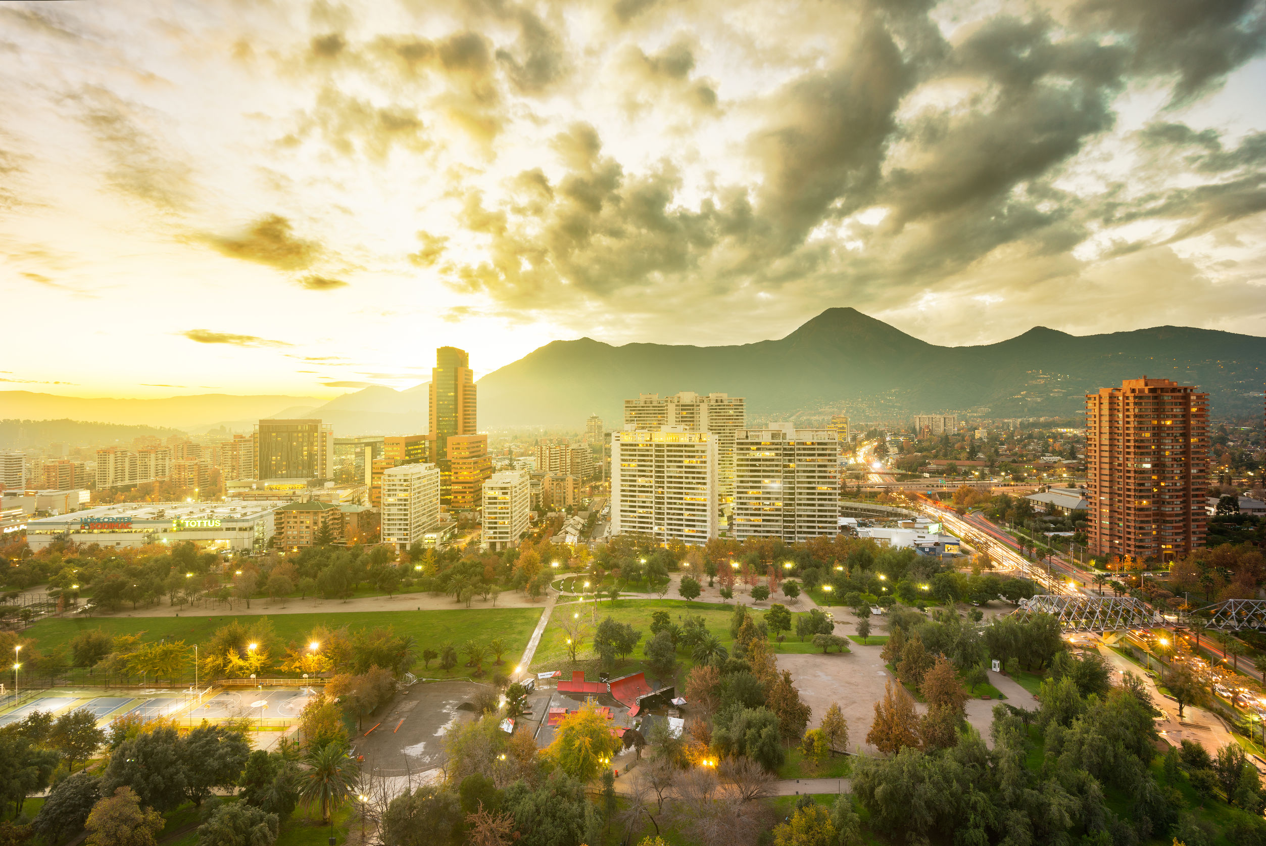 Santiago, Region Metropolitana, Chile - May 25, 2017: Parque Araucano, a park in the center of Las Condes district, the wealthiest financial and residential district in the country.